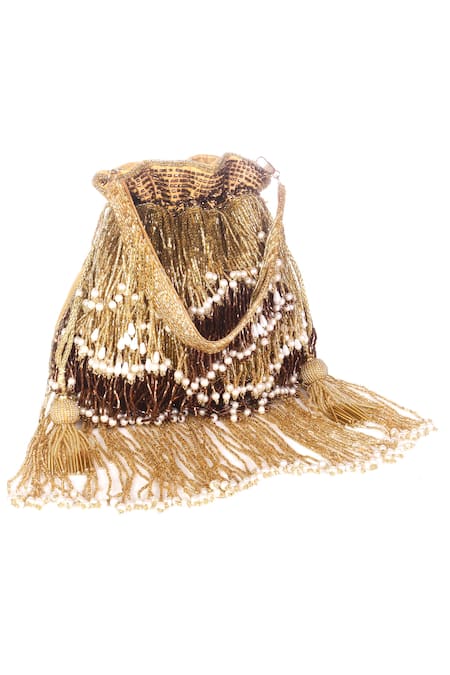 Shop_Nazaakat By Samara Singh_Gold Beads, Pearls, Tassels Beaded Waterfall Potli Bag _Online_at_Aza_Fashions