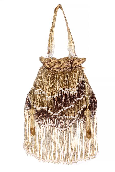 Nazaakat By Samara Singh_Gold Beads, Pearls, Tassels Beaded Waterfall Potli Bag _at_Aza_Fashions