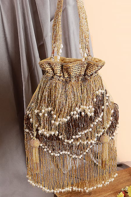 Nazaakat By Samara Singh Gold Beads, Pearls, Tassels Beaded Waterfall Potli Bag 