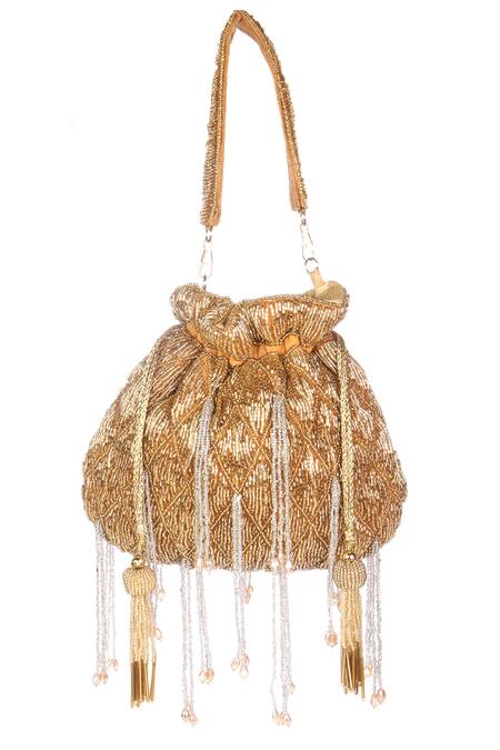 Nazaakat By Samara Singh_Gold Beads, Tassels Beaded Drawstring Potli Bag With_Online_at_Aza_Fashions