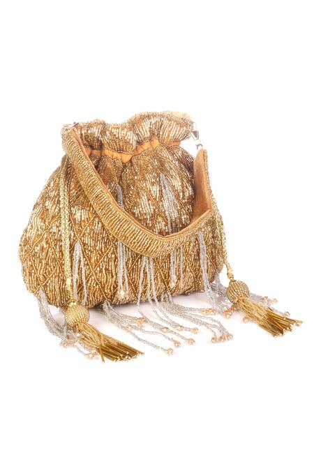 Buy_Nazaakat By Samara Singh_Gold Beads, Tassels Beaded Drawstring Potli Bag With_Online_at_Aza_Fashions