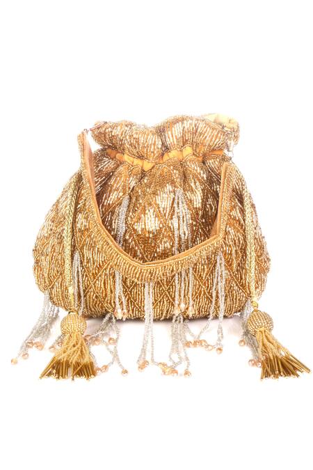 Nazaakat By Samara Singh_Gold Beads, Tassels Beaded Drawstring Potli Bag With_at_Aza_Fashions