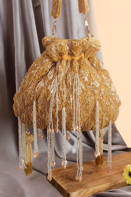 Nazaakat By Samara Singh Gold Beads, Tassels Beaded Drawstring Potli Bag With 
