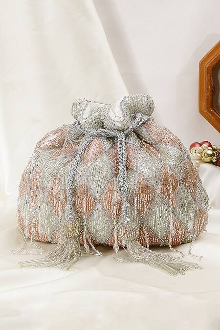 Buy_Nazaakat By Samara Singh_White Beads, Tassels Beaded Diamond Pattern Potli Bag _Online_at_Aza_Fashions