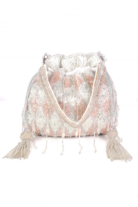 Shop_Nazaakat By Samara Singh_White Beads, Tassels Beaded Diamond Pattern Potli Bag _Online_at_Aza_Fashions