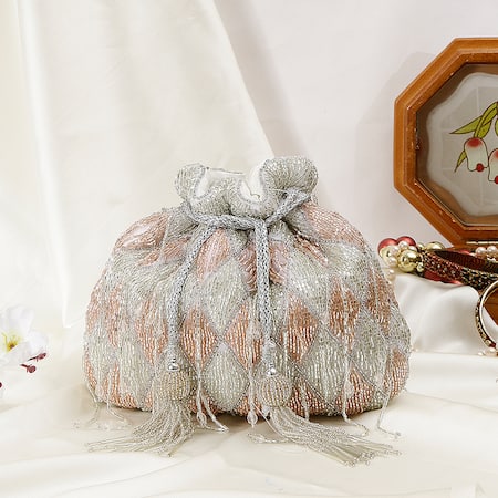 Buy_Nazaakat By Samara Singh_White Beads, Tassels Beaded Diamond Pattern Potli Bag 