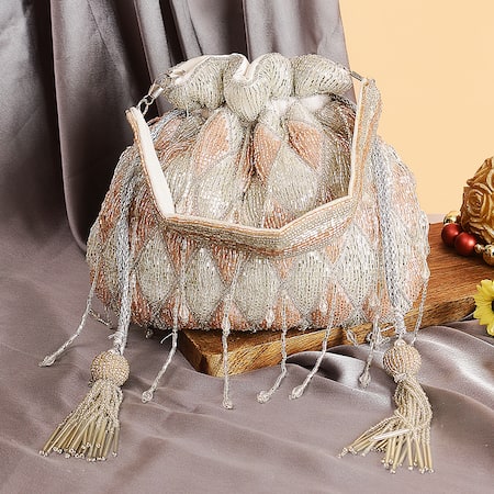 Shop_Nazaakat By Samara Singh_White Beads, Tassels Beaded Diamond Pattern Potli Bag 