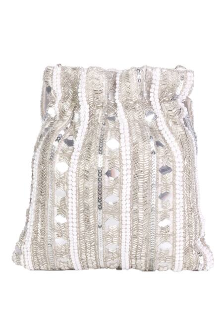 Shop Nazaakat By Samara Singh White Beads, Sequins, Mirrors, Tassels Beaded And Embellished Potli Bag at Aza Fashions Shop_Nazaakat By Samara Singh_White Beads, Sequins, Mirrors, Tassels Beaded And Embellished Potli Bag_at_Aza_Fashions