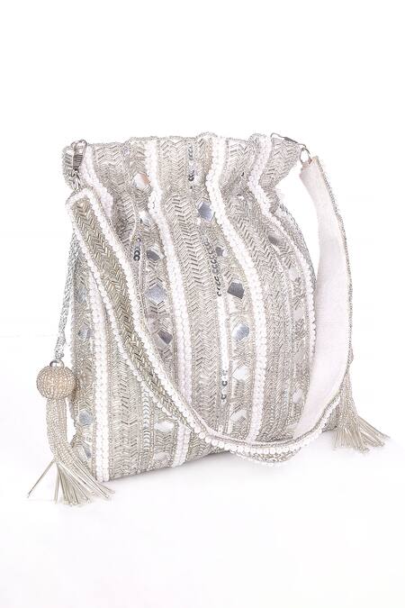 Buy Nazaakat By Samara Singh White Beads, Sequins, Mirrors, Tassels Beaded And Embellished Potli Bag Online at Aza Fashions Buy_Nazaakat By Samara Singh_White Beads, Sequins, Mirrors, Tassels Beaded And Embellished Potli Bag_Online_at_Aza_Fashions