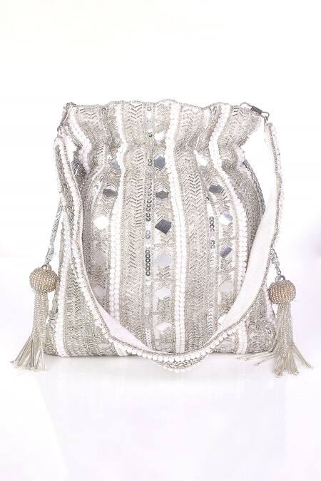 Shop Nazaakat By Samara Singh White Beads, Sequins, Mirrors, Tassels Beaded And Embellished Potli Bag Online at Aza Fashions Shop_Nazaakat By Samara Singh_White Beads, Sequins, Mirrors, Tassels Beaded And Embellished Potli Bag_Online_at_Aza_Fashions
