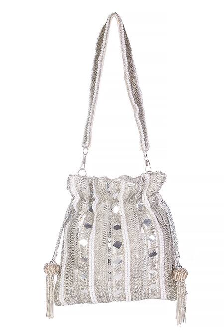 Buy Nazaakat By Samara Singh White Beads, Sequins, Mirrors, Tassels Beaded And Embellished Potli Bag Buy_Nazaakat By Samara Singh_White Beads, Sequins, Mirrors, Tassels Beaded And Embellished Potli Bag