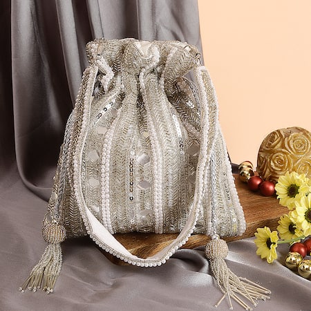 Nazaakat By Samara Singh White Beads, Sequins, Mirrors, Tassels Beaded And Embellished Potli Bag 