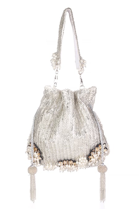 Nazaakat By Samara Singh_White Beads, Pearls, Tassels, Stones Beaded And Embellished Potli Bag _Online_at_Aza_Fashions