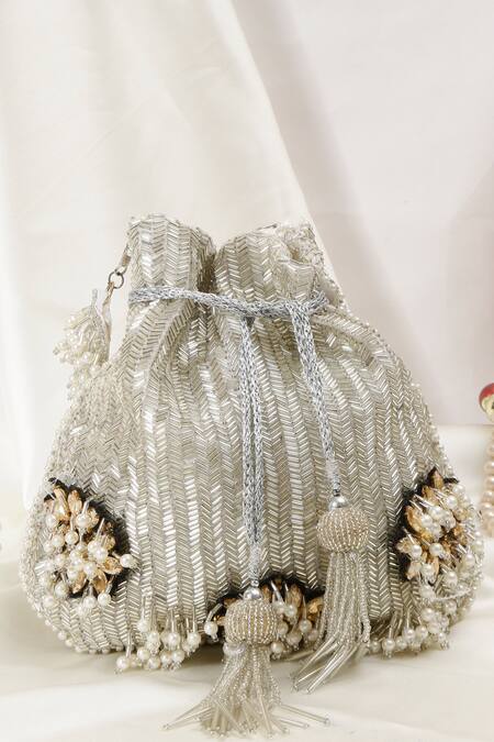 Shop_Nazaakat By Samara Singh_White Beads, Pearls, Tassels, Stones Beaded And Embellished Potli Bag _Online_at_Aza_Fashions