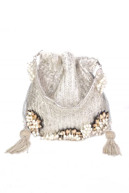 Nazaakat By Samara Singh_White Beads, Pearls, Tassels, Stones Beaded And Embellished Potli Bag _at_Aza_Fashions