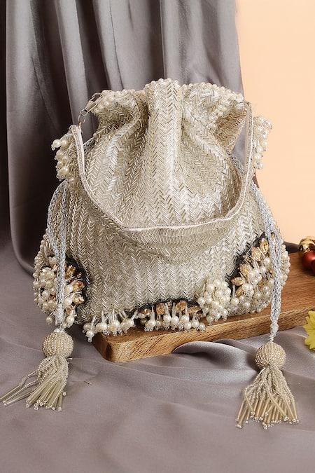 Nazaakat By Samara Singh White Beads, Pearls, Tassels, Stones Beaded And Embellished Potli Bag 