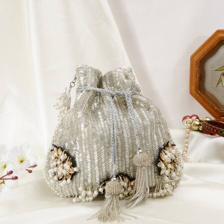 Shop_Nazaakat By Samara Singh_White Beads, Pearls, Tassels, Stones Beaded And Embellished Potli Bag 