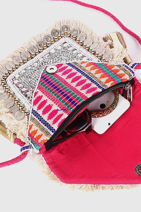 Nazaakat By Samara Singh_Multi Color Beads, Sequins, Fringe, Banjara Boho Bag With Coin And Detail _at_Aza_Fashions