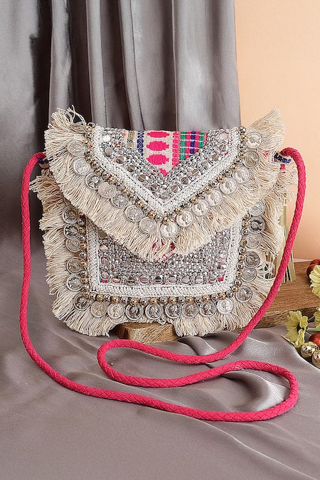 Nazaakat By Samara Singh Multi Color Beads, Sequins, Fringe, Banjara Boho Bag With Coin And Detail 