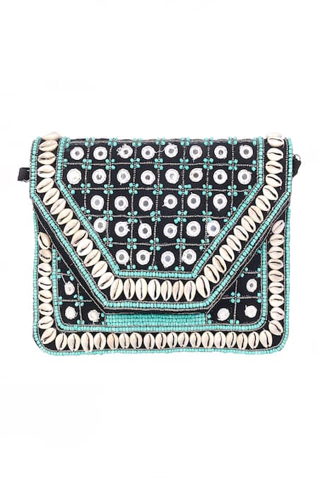 Shop_Nazaakat By Samara Singh_Black Beads, Mirrors Cowrie Shell And Embellished Clutch Bag _Online_at_Aza_Fashions
