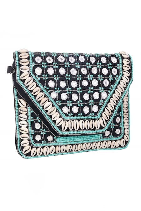 Nazaakat By Samara Singh_Black Beads, Mirrors Cowrie Shell And Embellished Clutch Bag _at_Aza_Fashions