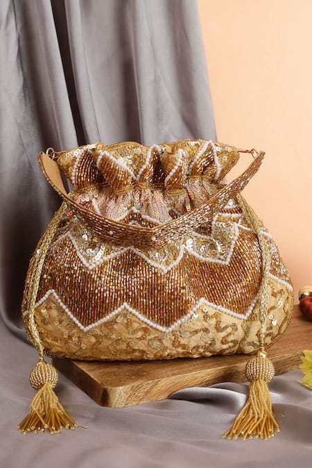 Nazaakat By Samara Singh Gold Beads, Sequins, Tassels And Embroidered Potli Bag 