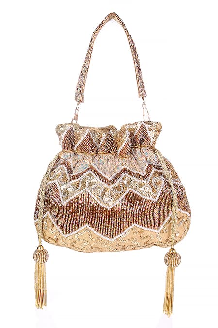 Buy_Nazaakat By Samara Singh_Gold Beads, Sequins, Tassels And Embroidered Potli Bag _Online_at_Aza_Fashions