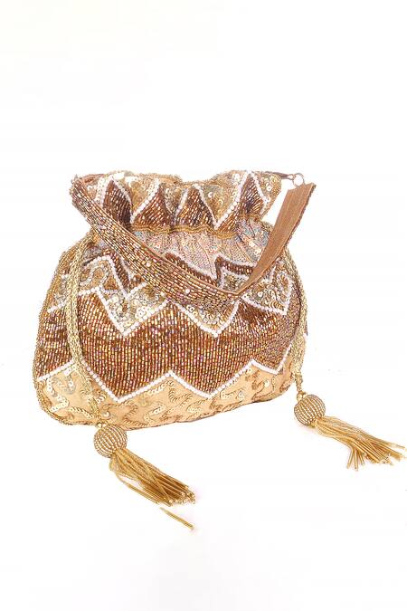 Shop_Nazaakat By Samara Singh_Gold Beads, Sequins, Tassels And Embroidered Potli Bag _Online_at_Aza_Fashions