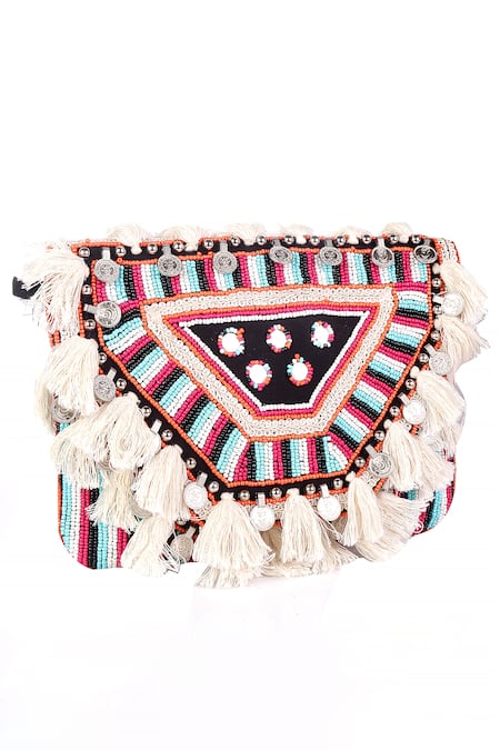 Shop_Nazaakat By Samara Singh_Multi Color Beads, Tassels, Mirrors Banjara Boho Beaded And Embellished Bag _Online_at_Aza_Fashions