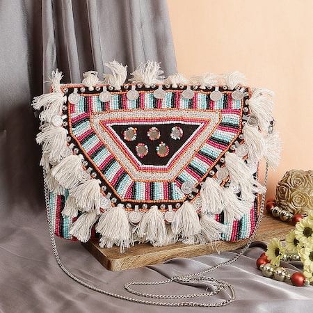 Buy_Nazaakat By Samara Singh_Multi Color Beads, Tassels, Mirrors Banjara Boho Beaded And Embellished Bag 