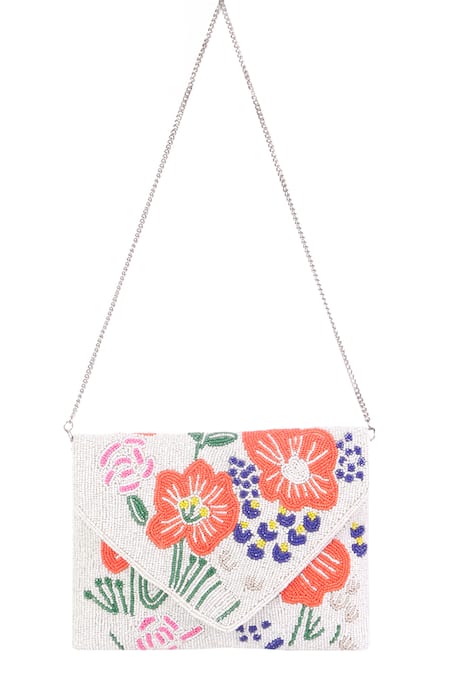 Nazaakat By Samara Singh White Beads Floral Embroidered Clutch With Sling 