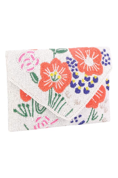Shop Nazaakat By Samara Singh White Beads Floral Embroidered Clutch With Sling at Aza Fashions Shop_Nazaakat By Samara Singh_White Beads Floral Embroidered Clutch With Sling _at_Aza_Fashions
