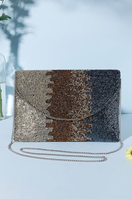 Nazaakat By Samara Singh Gold Beads Ombre Clutch With Detachable Sling 