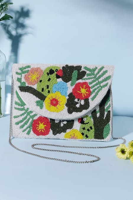 Nazaakat By Samara Singh Multi Color Beads Floral And Parrot Motif Clutch 