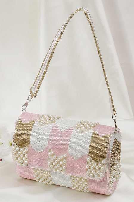 Nazaakat By Samara Singh_Pink Beads, Pearls Beaded And Embellished Flap Bag_Online_at_Aza_Fashions