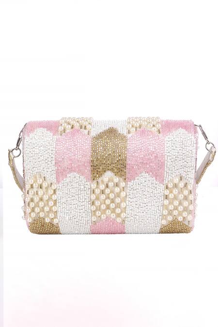 Nazaakat By Samara Singh_Pink Beads, Pearls Beaded And Embellished Flap Bag_at_Aza_Fashions
