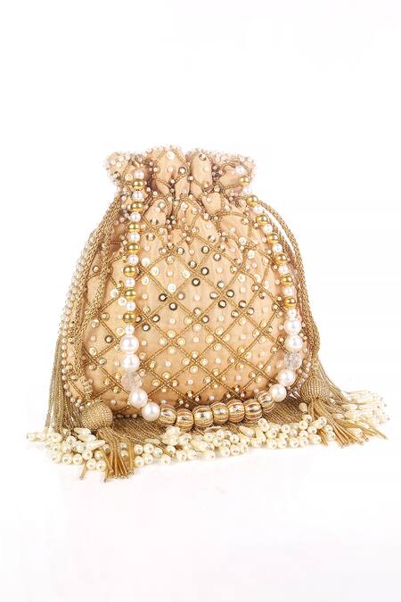 Buy_Nazaakat By Samara Singh_Gold Beads, Sequins, Tassels, Pearls And Embellished Potli Bag_Online_at_Aza_Fashions