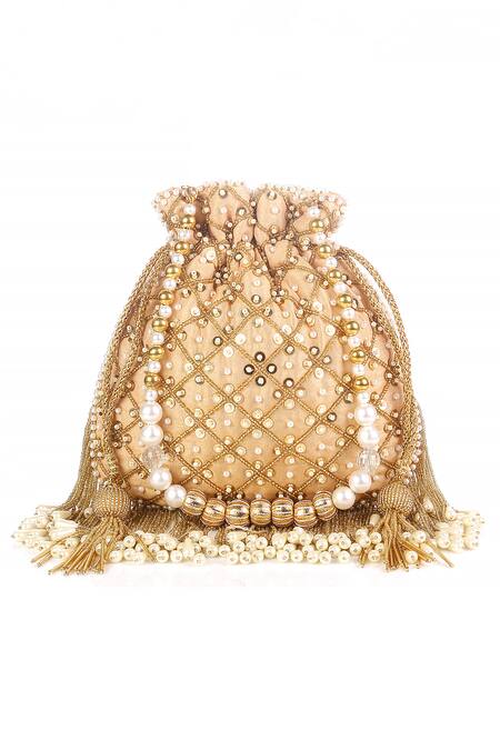 Shop_Nazaakat By Samara Singh_Gold Beads, Sequins, Tassels, Pearls And Embellished Potli Bag_Online_at_Aza_Fashions