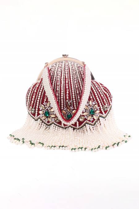 Shop_Nazaakat By Samara Singh_Red Beads, Pearls, Gemstones, Crystals And Stone Embellished Batua Bag_Online_at_Aza_Fashions