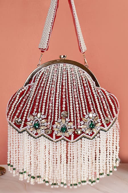 Nazaakat By Samara Singh Red Beads, Pearls, Gemstones, Crystals And Stone Embellished Batua Bag 