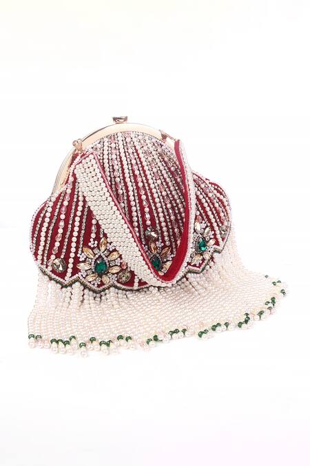 Nazaakat By Samara Singh_Red Beads, Pearls, Gemstones, Crystals And Stone Embellished Batua Bag_at_Aza_Fashions