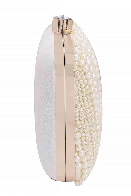Shop_Nazaakat By Samara Singh_White Pearls, Beads Embellished Clutch With Detachable Sling_Online_at_Aza_Fashions