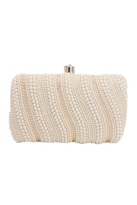 Shop_Nazaakat By Samara Singh_White Pearls, Beads Embellished Clutch With Detachable Sling