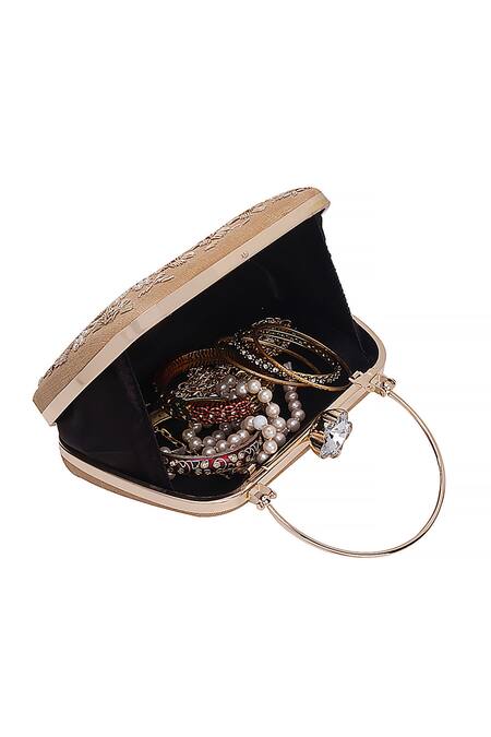 Buy_Nazaakat By Samara Singh_Gold Embroidery, Pearls, Crystals Floral Clutch Bag With Sling_Online_at_Aza_Fashions