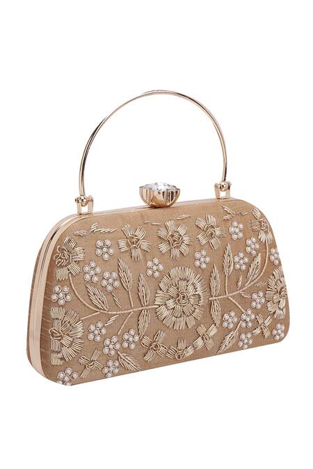 Nazaakat By Samara Singh_Gold Embroidery, Pearls, Crystals Floral Clutch Bag With Sling_at_Aza_Fashions