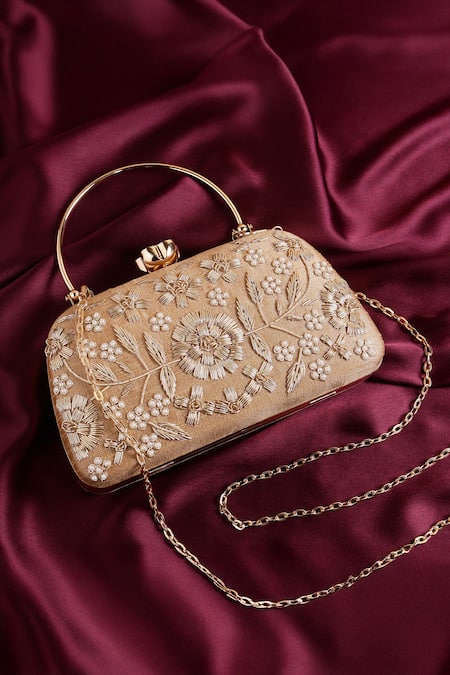 Nazaakat By Samara Singh Gold Embroidery, Pearls, Crystals Floral Clutch Bag With Sling 