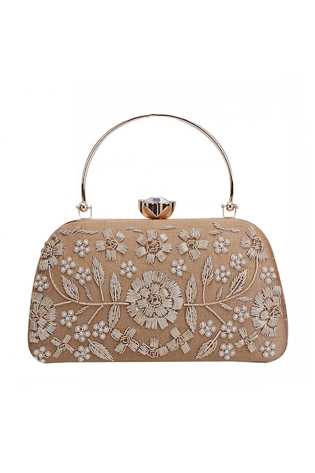 Shop_Nazaakat By Samara Singh_Gold Embroidery, Pearls, Crystals Floral Clutch Bag With Sling