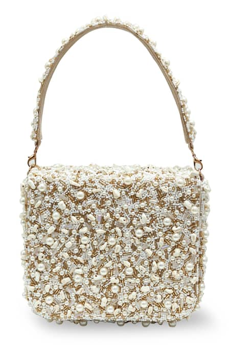 Shop_The Tan Clan_Off White Beads, Pearls Kate Flapover Bag _at_Aza_Fashions