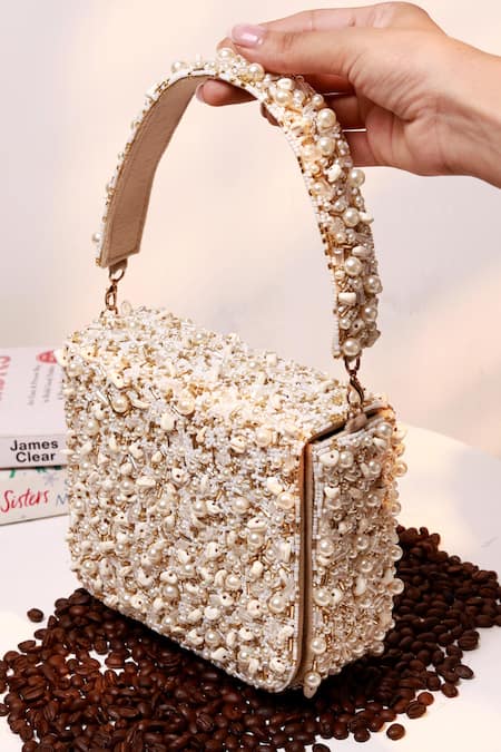 The Tan Clan Off White Beads, Pearls Kate Flapover Bag 