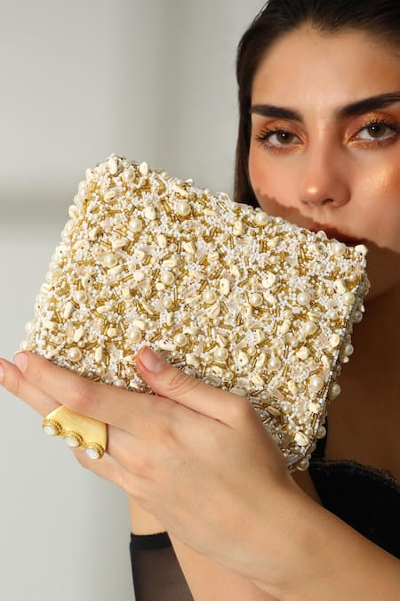 Shop The Tan Clan Off White Beads, Pearls Kate Flapover Bag Shop_The Tan Clan_Off White Beads, Pearls Kate Flapover Bag